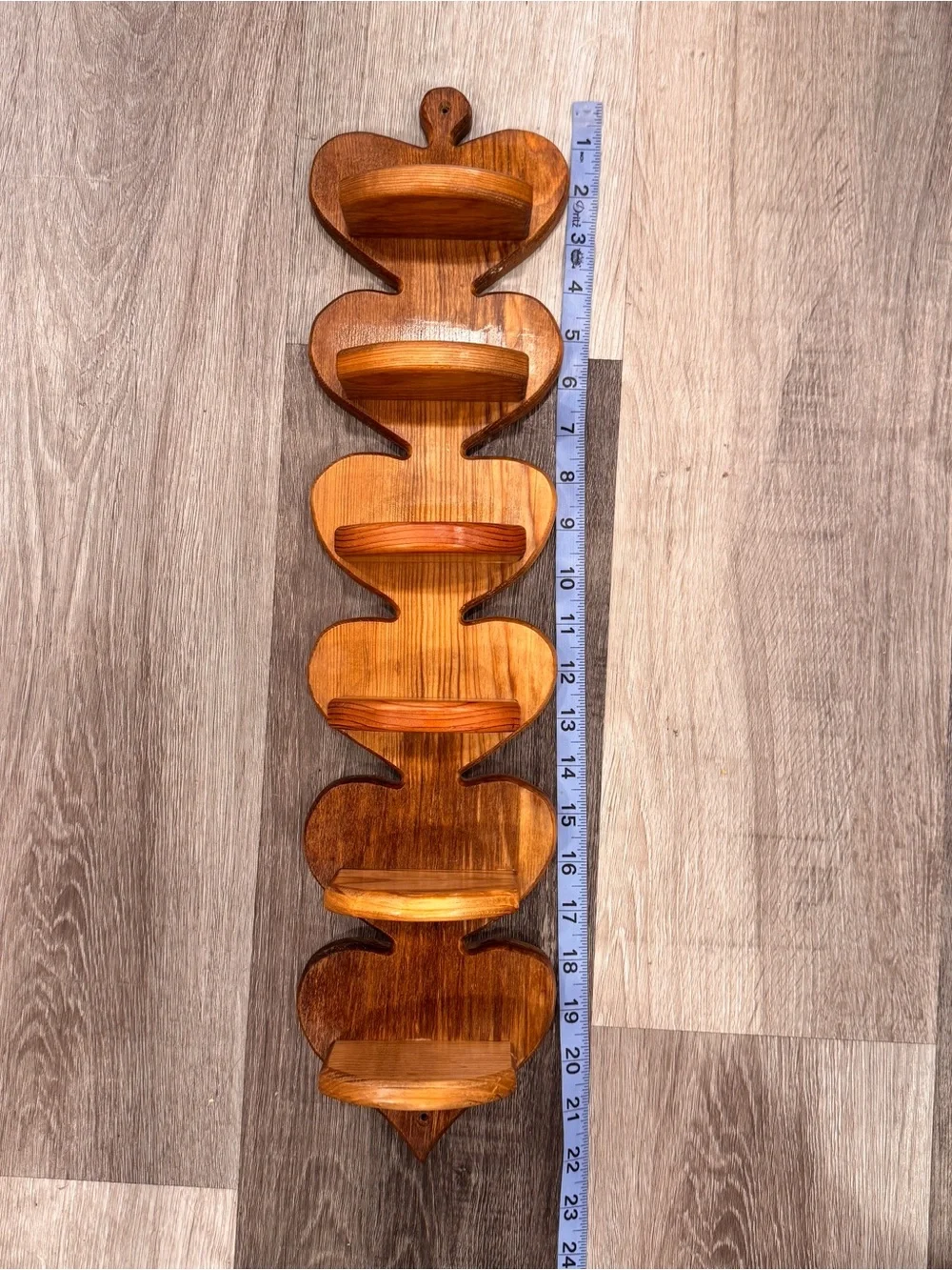 Handcrafted Vintage Heart-Shaped Wood Wall Trinket Shelf 22” 6 Shelf Cottagecore